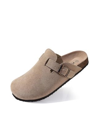 KIDMI, Kidmi Wanita Wildleder-Clogs, Leder-Pantoletten, Kork-Fußbett, Sandalen, Kartoffelschuhe, Dengan Arch Support, Taupe, 44 (Ukuran 11,5–12)