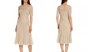 beaded cocktail dress in biscotti hue