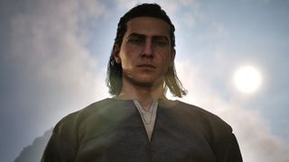 The Blood of Dawnwalker protagonist Coen staring down at the camera as the sun shines behind him