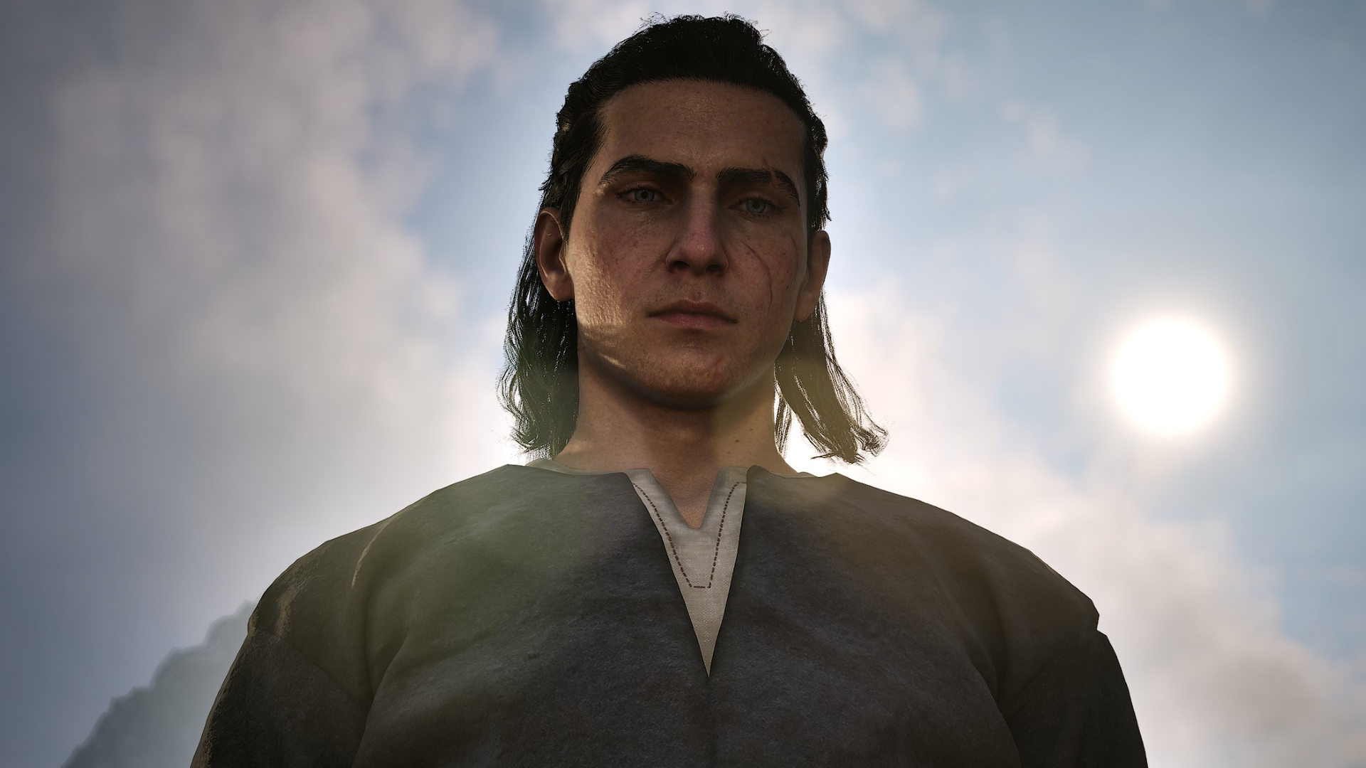 The Blood of Dawnwalker protagonist Coen staring down at the camera as the sun shines behind him