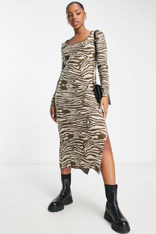 ASOS DESIGN Zebra Long Sleeve Sweater Midi Dress