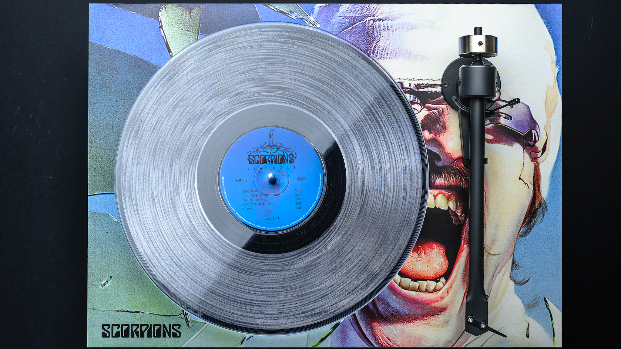 Pro-Ject Scorpions turntable shot from above on a black background