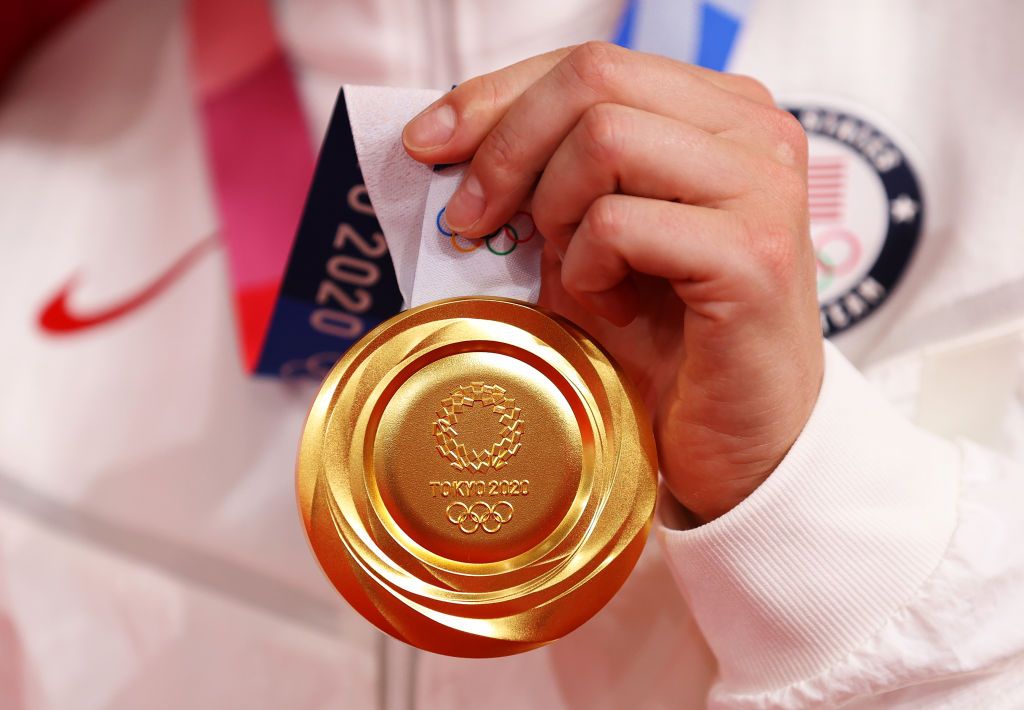 IZU JAPAN AUGUST 08 Detailed view of gold medal of Jennifer Valente of Team United States during the medal ceremony after the Womens Omnium finals of the track cycling on day sixteen of the Tokyo 2020 Olympic Games at Izu Velodrome on August 08 2021 in Izu Shizuoka Japan Photo by Justin SetterfieldGetty Images