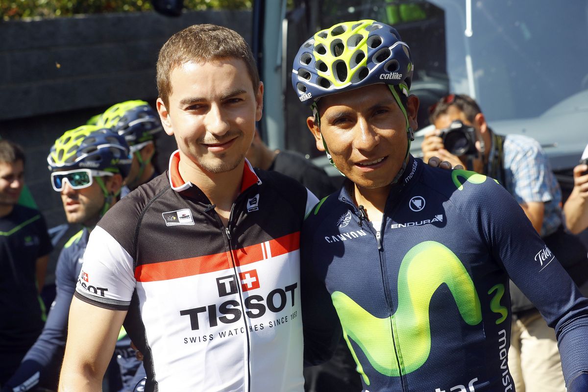 Moto GP star Jorge Lorenzo poses with Nairo Quintana