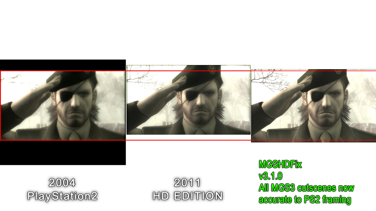 Comparison image between the original MGS3 and Bluepoint's HD remaster, showing the bottom cut off in the latter.