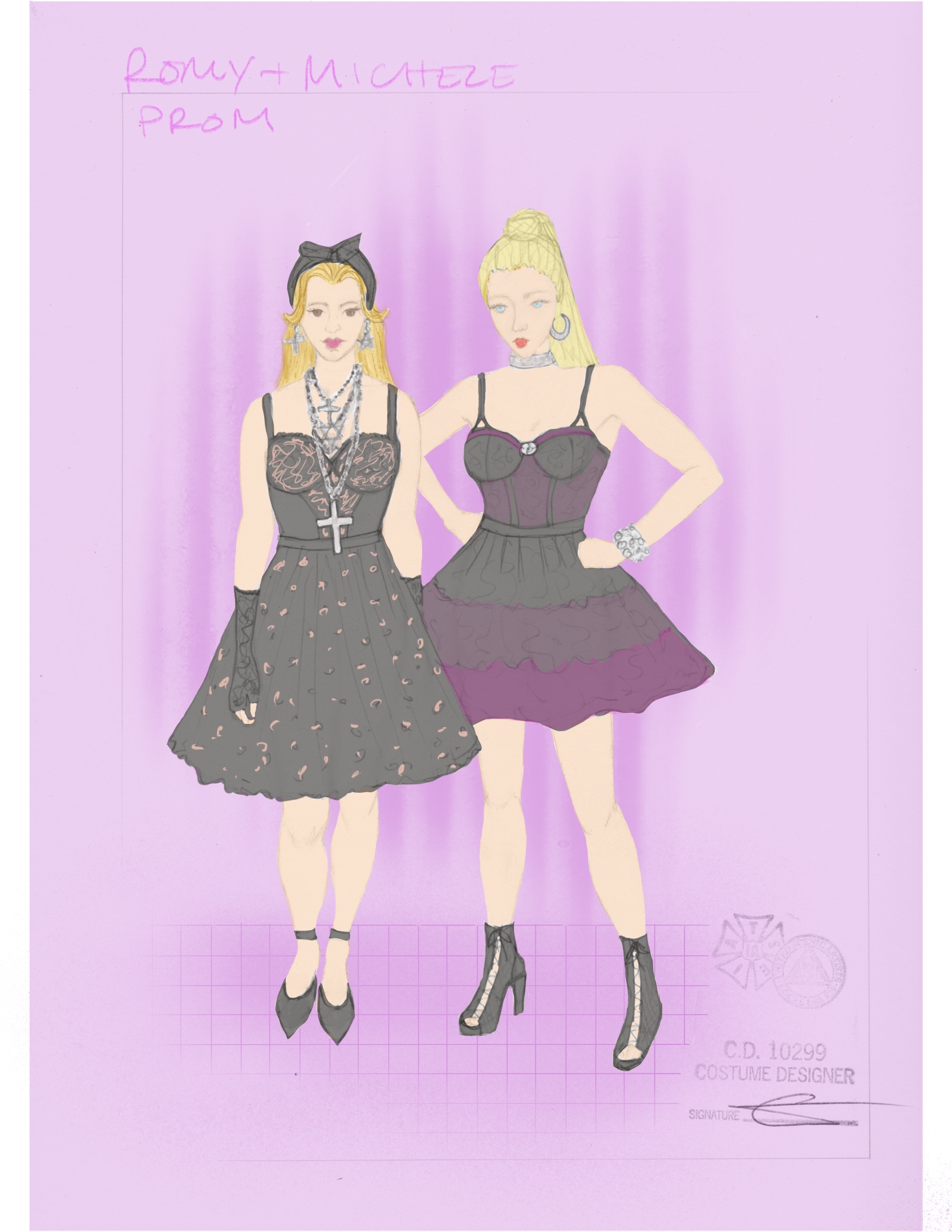 costume design sketches of romy and michele the musical featuring the girls in their high school prom madonna dresses