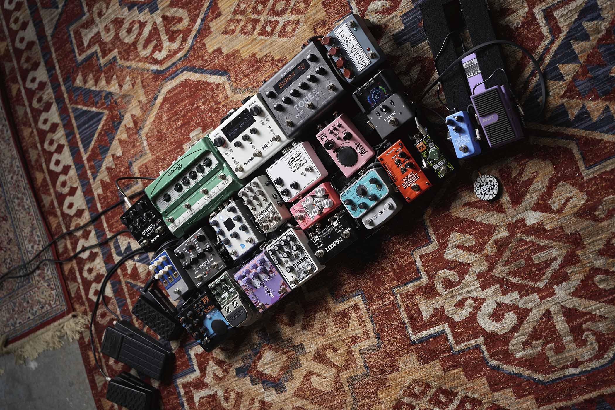One of Aziz Ibrahim's well-stocked pedalboards