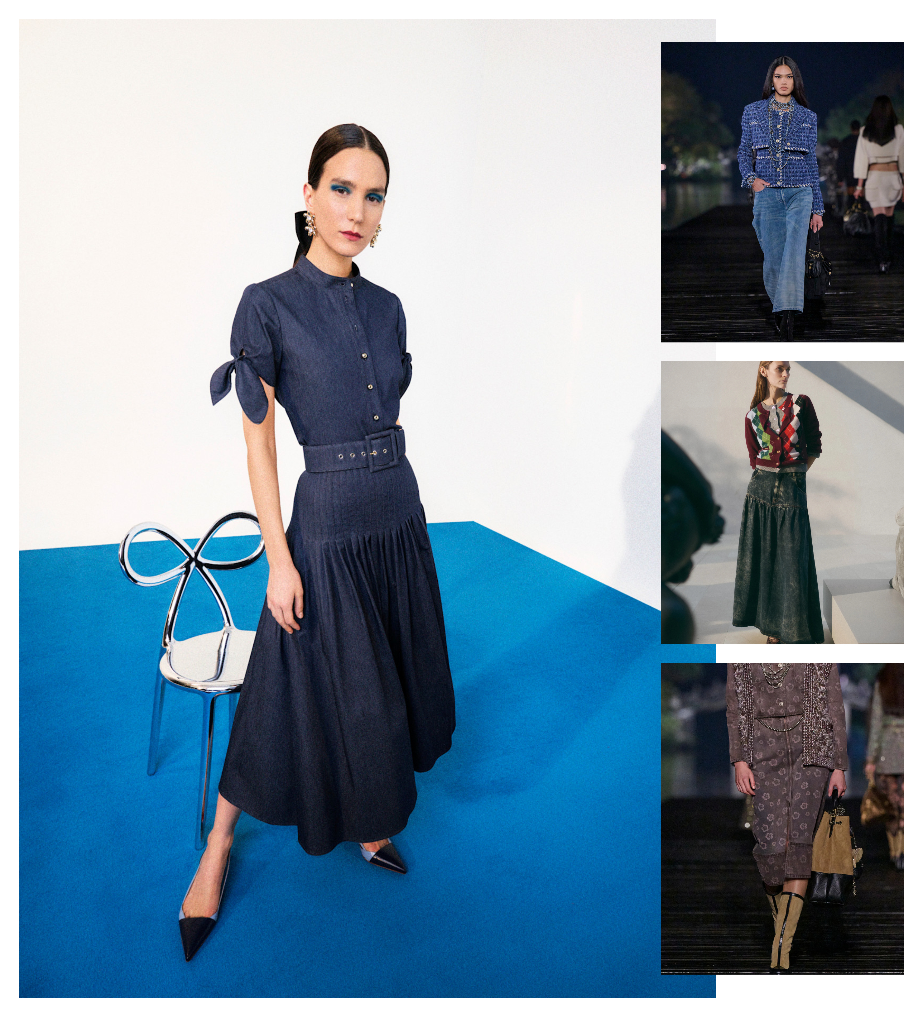 the summer 2025 denim maxi skirt trend at Carolina Herrera, Chanel, Ganni