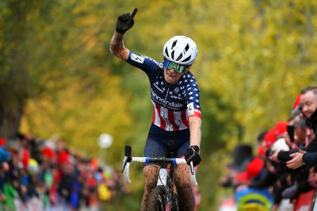 OUDENAARDE BELGIUM NOVEMBER 01 Clara Honsinger of The United States and Team CannondaleCyclocrossworld celebrates at finish line as race winner during the 32nd Koppenbergcross Grand Prix Jolien Verschueren 2021 Womens Elite Koppenbergcross Oudenaarde X2OBadkamersTrofee on November 01 2021 in Oudenaarde Belgium Photo by Luc ClaessenGetty Images