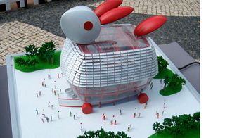 Architectural model of The Macau Pavilion: 'Rabbit Lantern' by Carlos Marreiros - a white and red building shaped like a bunny