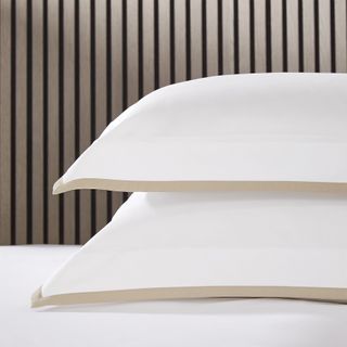 A white pillow with taupe border