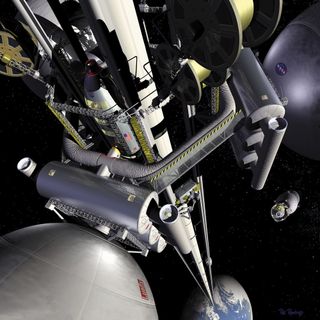 Artist's concept of a space elevator system, looking down at Earth from 22,000 miles (36,000 kilometers) up. 