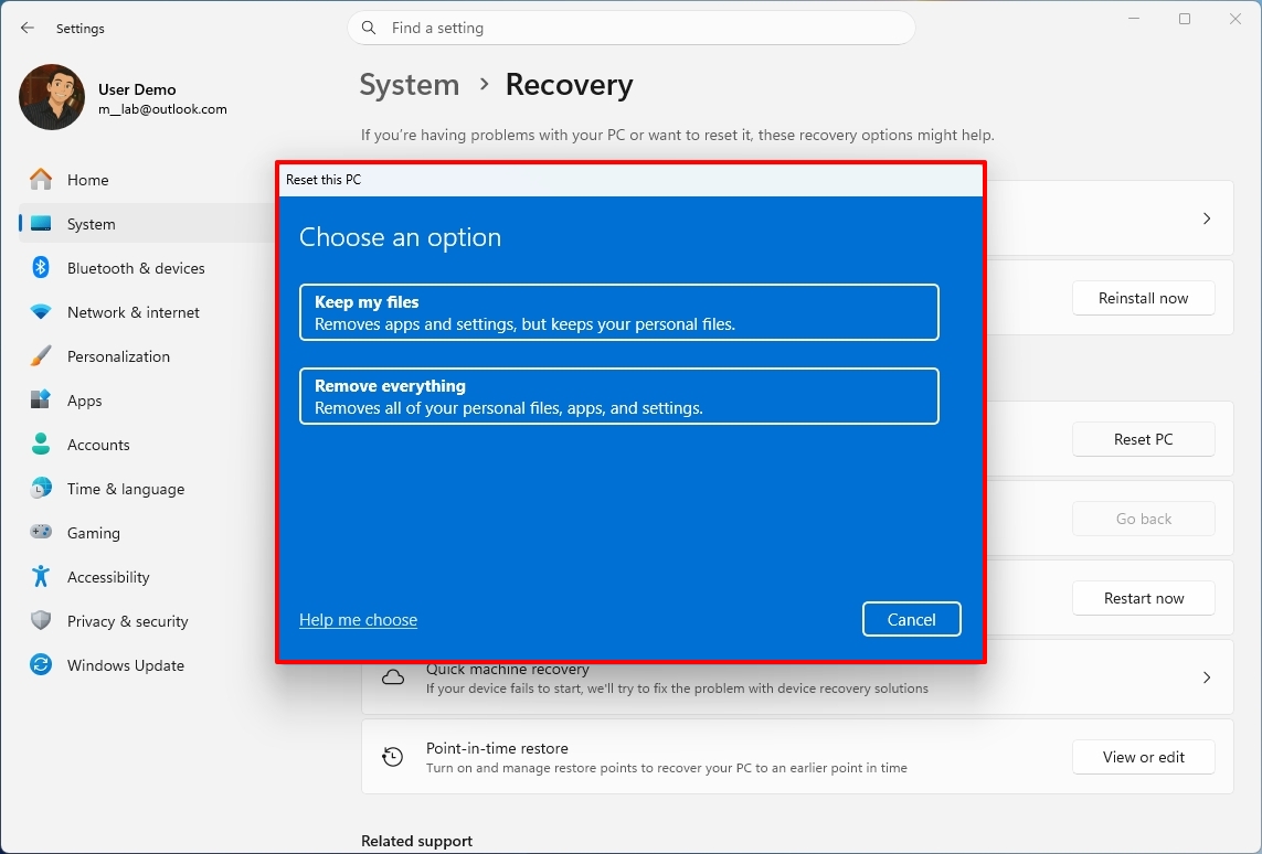Windows 11 Settings on the Recovery section, highlighting the Reset this PC settings.