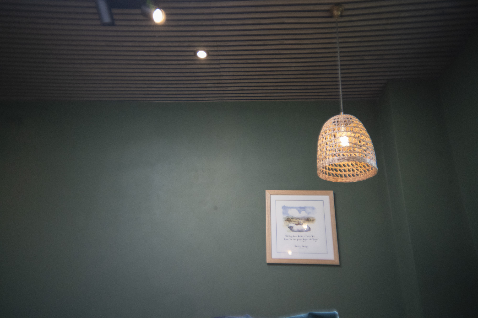 A lamp shade inside a cafe