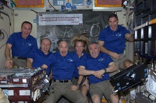 In a goofy photo, the six astronauts on board the International Space Station pay tribute to the departure of their resupply ship named after Albert Einstein.