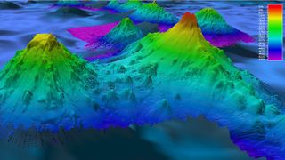 A sonar image of seamounts at the bottom of the ocean.