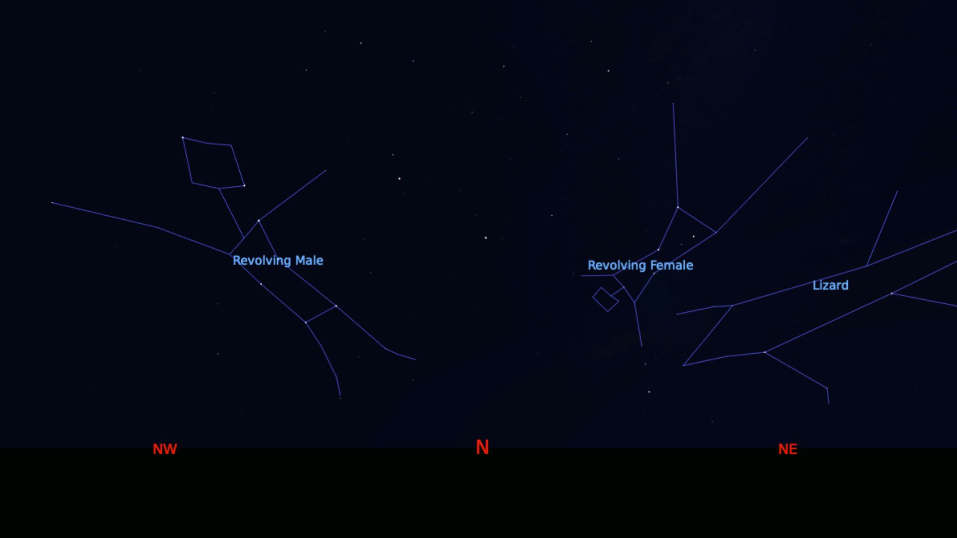 graphic illustration from Stellarium showing First Revolving Male and First Revolving Female in the night sky.