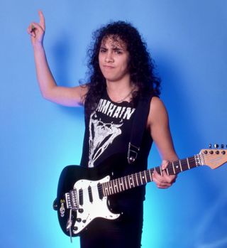 Guitarist Kirk Hammett poses for a studio portrait during the Damage, Inc. Tour on April 5, 1986 at the UIC Pavilion in Chicago, Illinois.