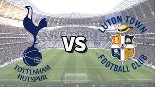 The Tottenham Hotspur and Luton Town club badges on top of a photo of Tottenham Hotspur Stadium in London, England