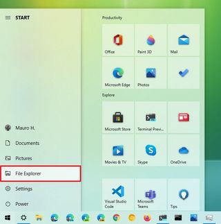 Start menu File Explorer option from the left