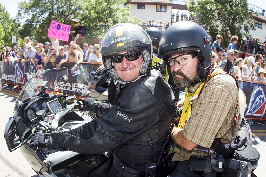Doug Pensinger and MediaMotos driver Jason Jenkins make it a fun day before a stage of the USA Pro Challenge