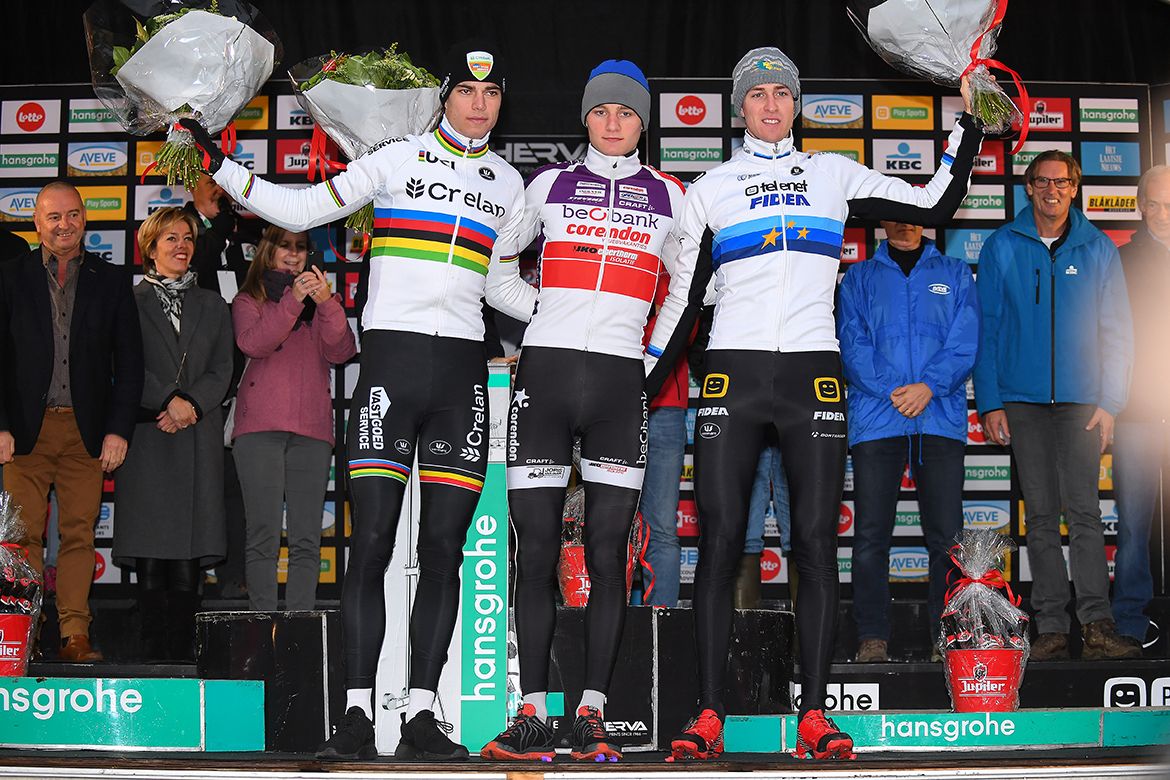 Wout Van Aert (Crelan - Vastgoedservice), Mathieu van der Poel (Beobank &ndash; Corendon) and Toon Aerts (Telenet Fidea Lions) on the podium in Gavere.