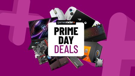PC gaming accessories on a purple background with Prime Day deals badge