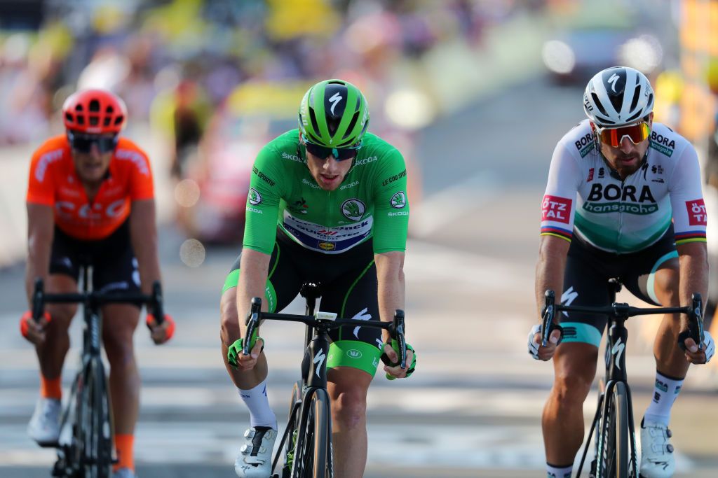 CHAMPAGNOLE FRANCE SEPTEMBER 18 Arrival Matteo Trentin of Italy and CCC Team Peter Sagan of Slovakia and Team Bora Hansgrohe Sam Bennett of Ireland and Team Deceuninck QuickStep Green Points Jersey during 107th Tour de France 2020 Stage 19 a 1665km stage from Bourg en Bresse to Champagnole 547m TDF2020 LeTour on September 18 2020 in Champagnole France Photo by Thibault Camus PoolGetty Images