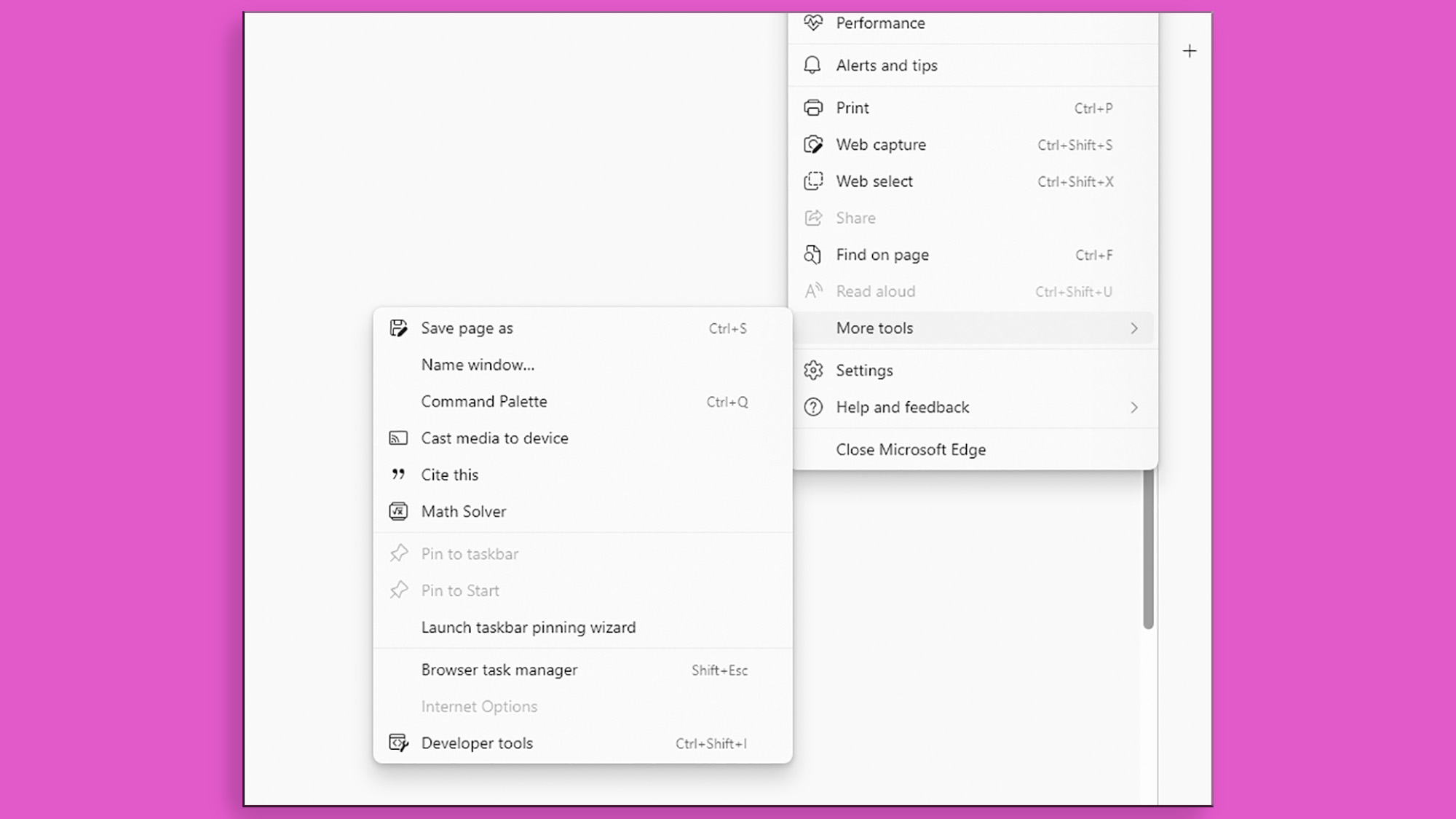 A screenshot of Microsoft Edge's menu of options