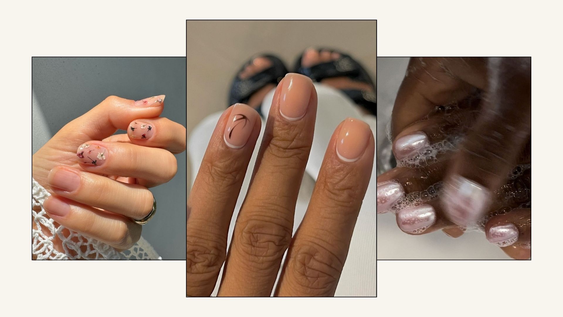 Collage of simple summer nail art designs, from tiny floral nail art to palm tree designs and chrome finishes