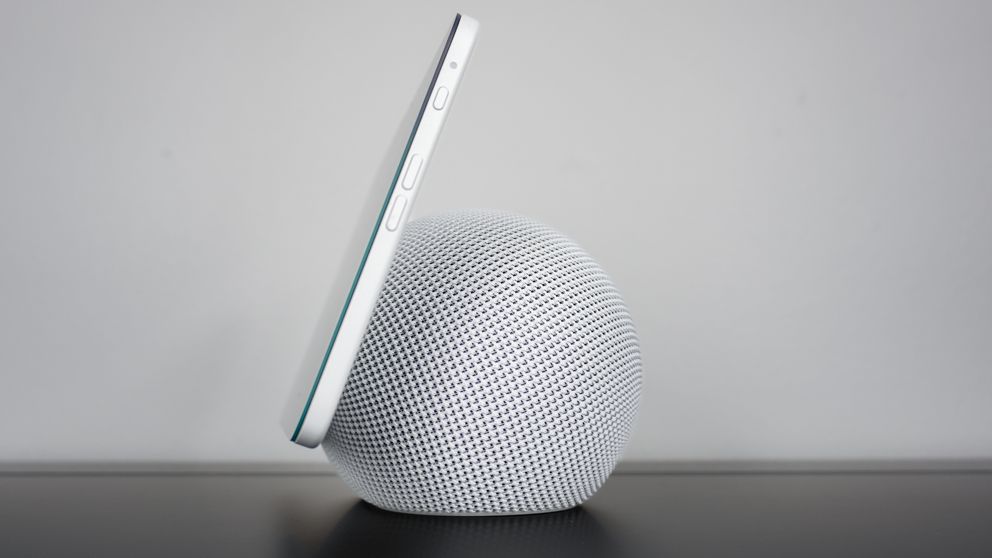 A side view of the Echo Show 8 (4th Gen) showing off its mute and volume buttons