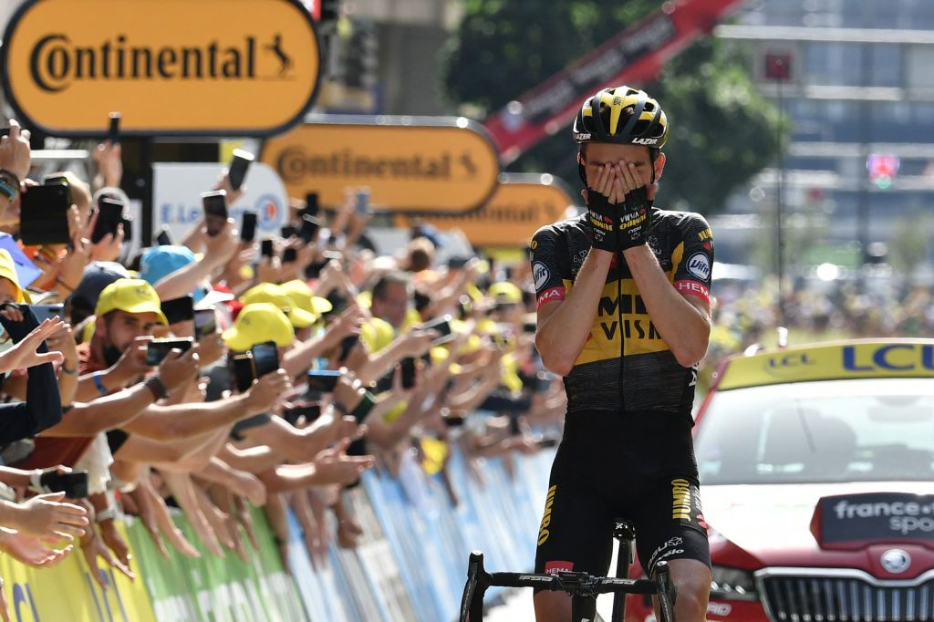 Team Jumbo Vismas Sepp Kuss of US celebrates as he crosses the finish line of the 15th stage of the 108th edition of the Tour de France cycling race 191 km between Ceret and AndorreLaVieille on July 11 2021 Photo by Philippe LOPEZ AFP Photo by PHILIPPE LOPEZAFP via Getty Images