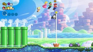 A screenshot showing off local multiplayer in Super Mario Bros. Wonder