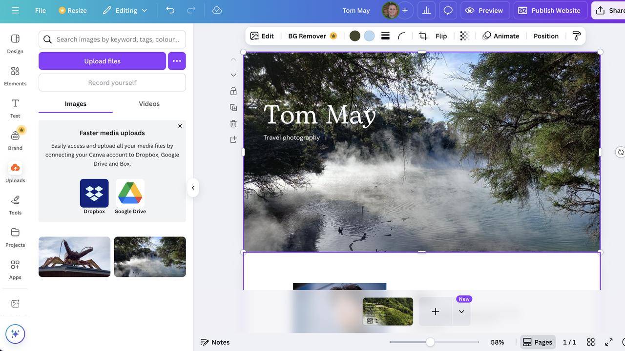 Website template being edited in Canva Websites