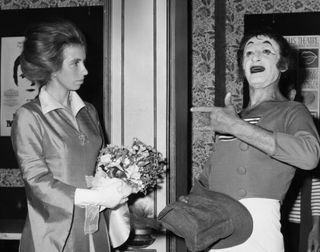 Princess Anne and the French mime artist, Marcel Marceau at a gala performance by the clown at the Sadler's Wells Theatre in London.