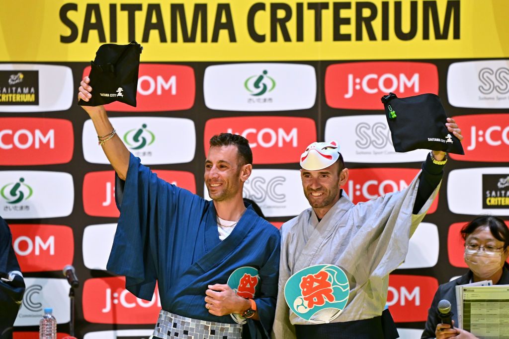 SAITAMA JAPAN NOVEMBER 05 LR Vincenzo Nibali of Italy and Team Astana Qazakstan and Alejandro Valverde of Spain and Movistar Teamparticipate in a Quiz Contest at Thematic Japanese Festival during the 8th Tour de France Saitama Criterium 2022 Media Day SaitamaCriterium on November 05 2022 in Saitama Japan Photo by Kenta HaradaGetty Images