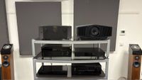 A rack with a projector, three amplifiers and two Blu-ray players on it