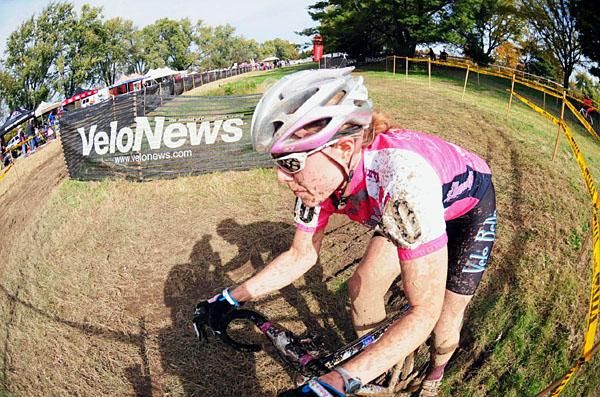 Kari Studley (Velo Bella) rides through a tight 180 turn.