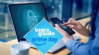A woman using a laptop and a phone with a lock icon on them with a Tom's Guide Prime Day badge on top