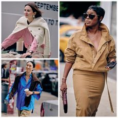 A three image image graphic of spring 2025 new york fashion week attendees in fall outfit ideas