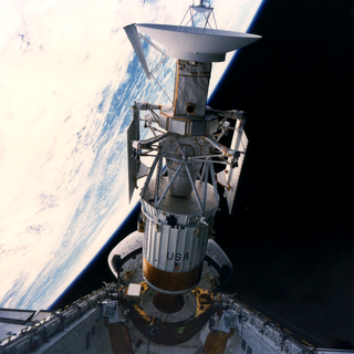 The Magellan mission was launched from Atlantis' cargo bay on May 4, 1982. The spacecraft's high gain antenna is visible at the top of the image.