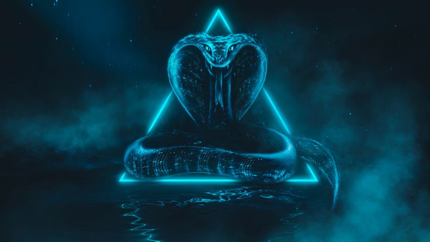 A large neon cybernetic snake coiled up with its tounge out, representing the MuddyWater custom malware, MuddyViper.