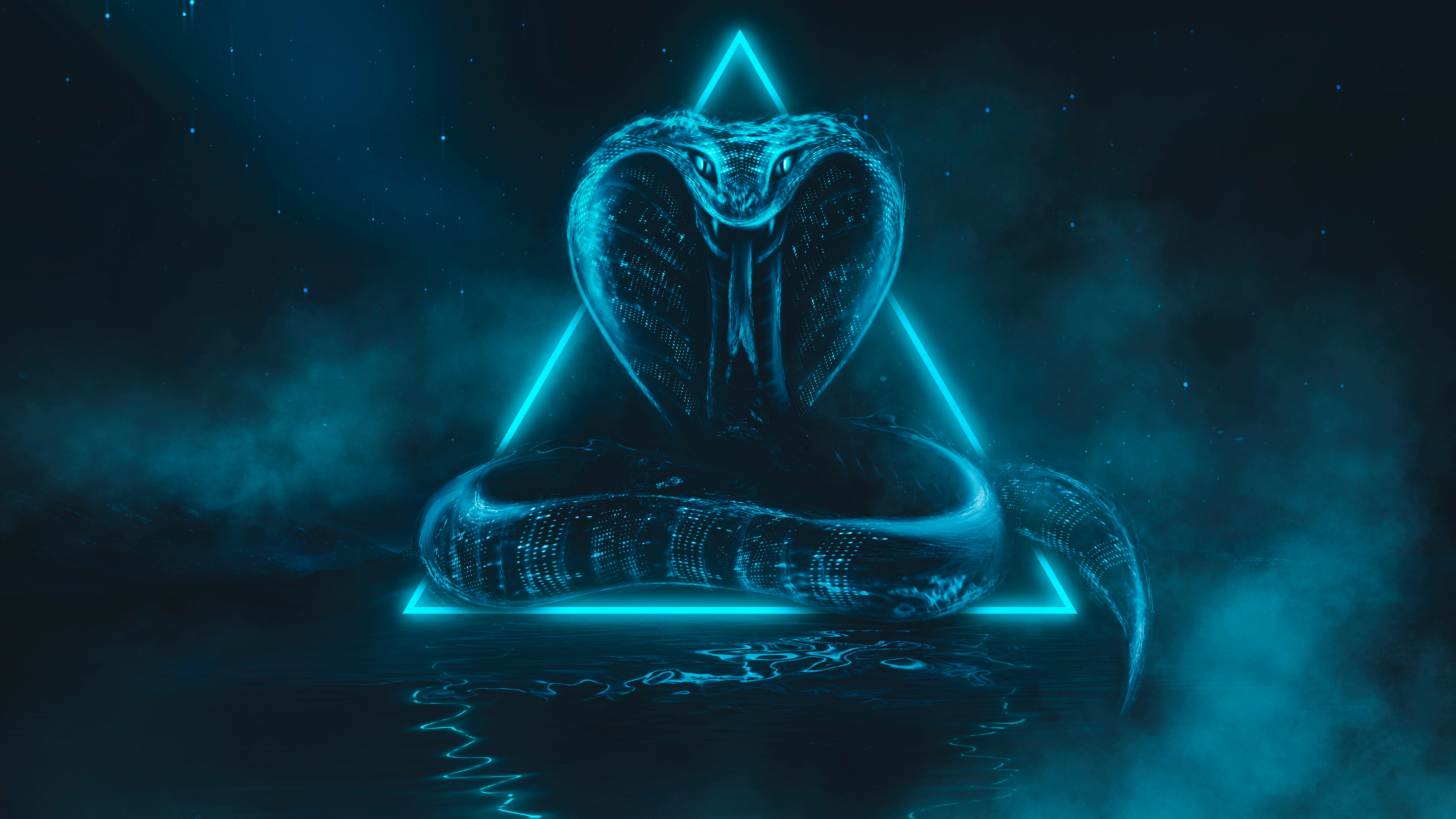 A large neon cybernetic snake coiled up with its tounge out, representing the MuddyWater custom malware, MuddyViper.