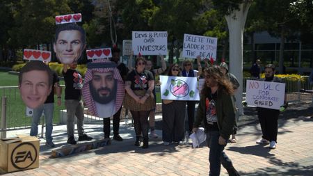 Players Alliance HQ protest against EA's acquisition by Saudi Arabia at EA HQ