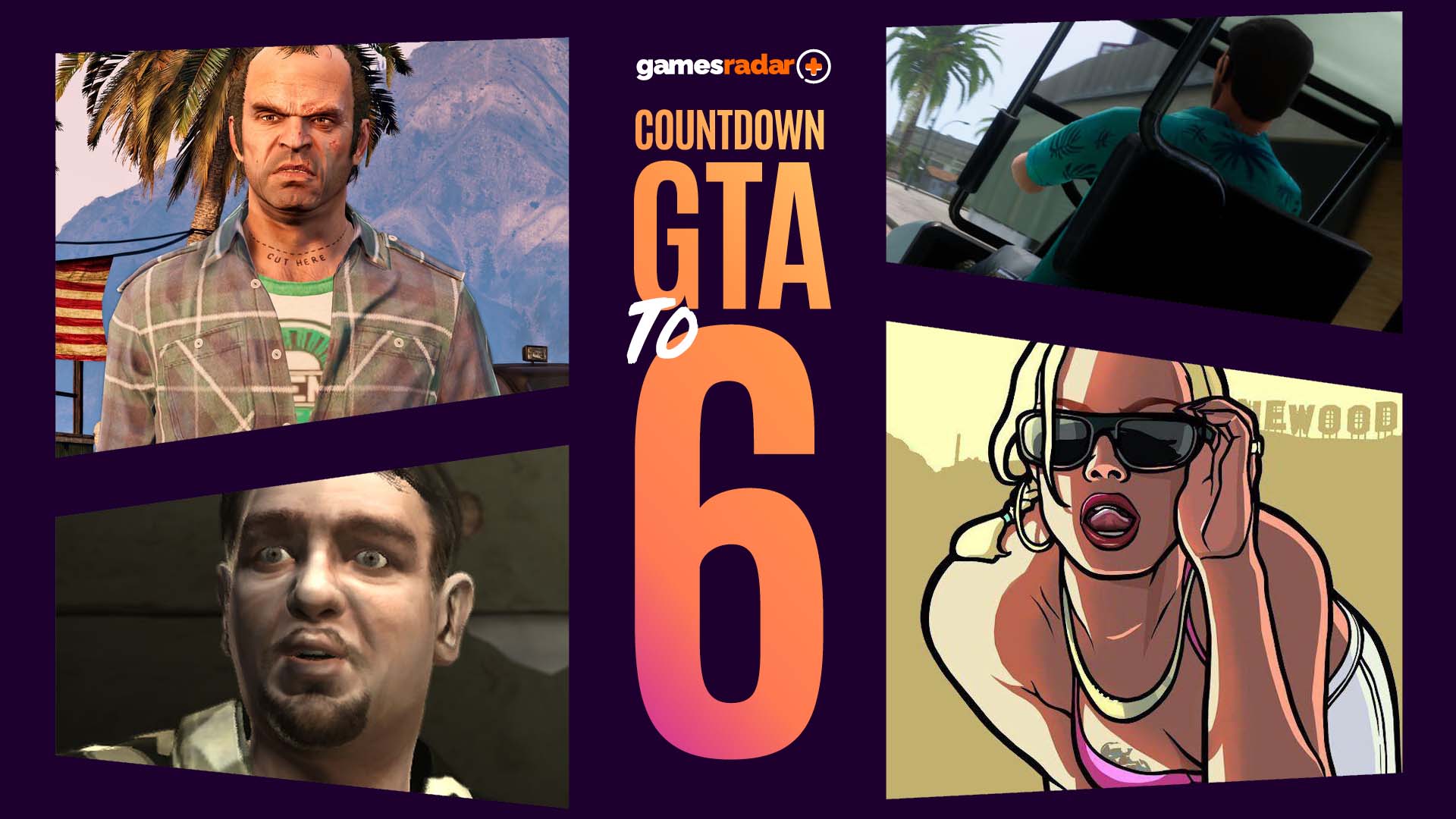 A collage of images with the GamesRadar logo including Trevor from GTA 5, Tommy from GTA Vice City, Roman from GTA 4, and Rochelle from GTA San Andreas