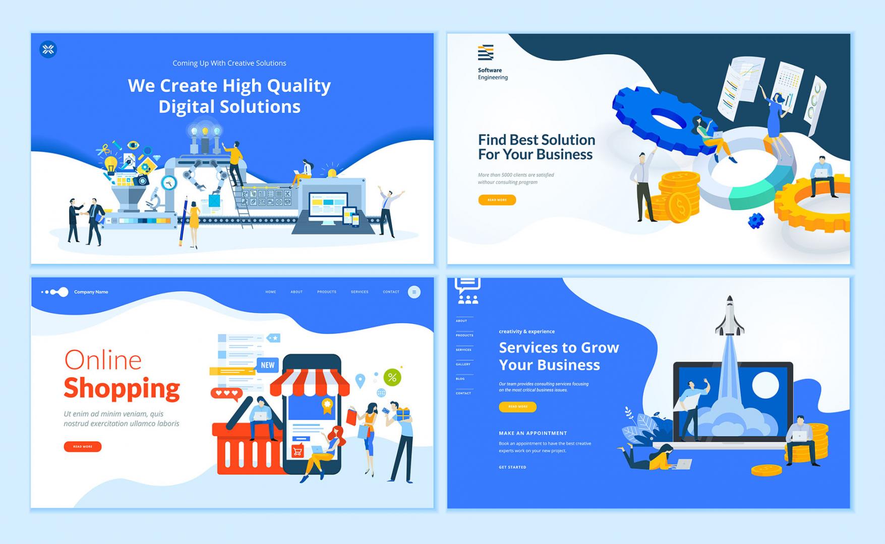 vier verschiedene Webseiten im Flat Design