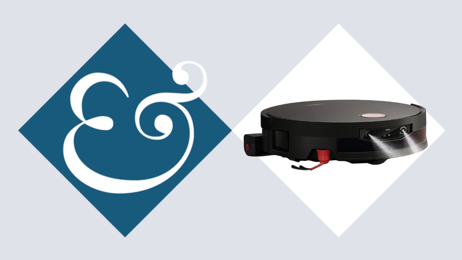 A cut out image of the Yeedi S20 Infinity Ultra on a Homes &amp; Gardens design template, the '&amp;' from the logo is to the left of the robot vacuum