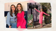Elizabeth Hurley pictured with w&h beauty writer Sennen Prickett, next to image of Elizabeth Hurley stood outside the Future Dreams House, on a neutral background with pink details