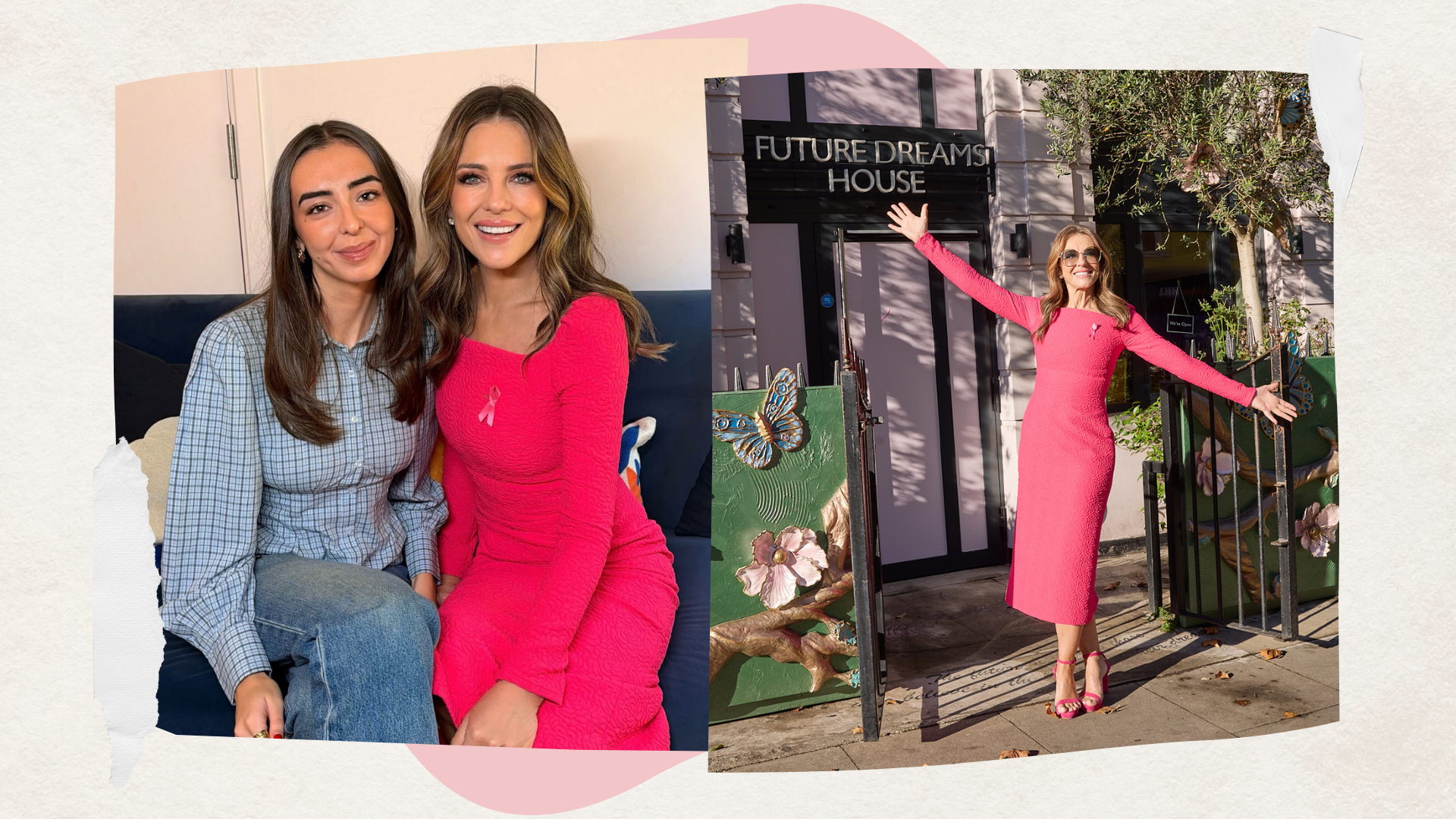 Elizabeth Hurley pictured with w&amp;h beauty writer Sennen Prickett, next to image of Elizabeth Hurley stood outside the Future Dreams House, on a neutral background with pink details