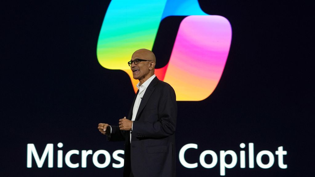 Microsoft CEO Satya Nadella on a Microsoft Copilot background